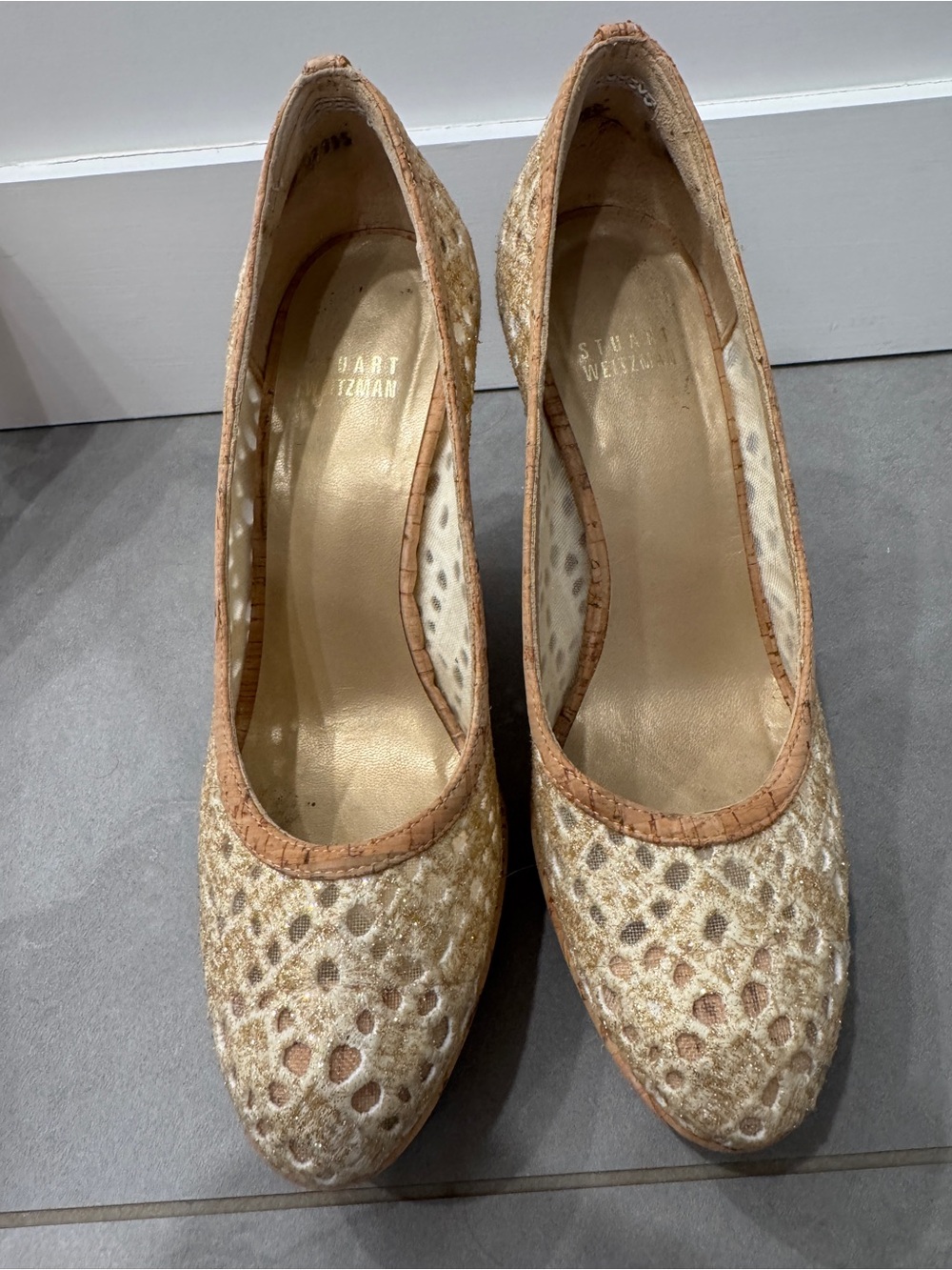 Stuart Weitzman Neutral Cork Platform Wedges - Picture 2 of 9